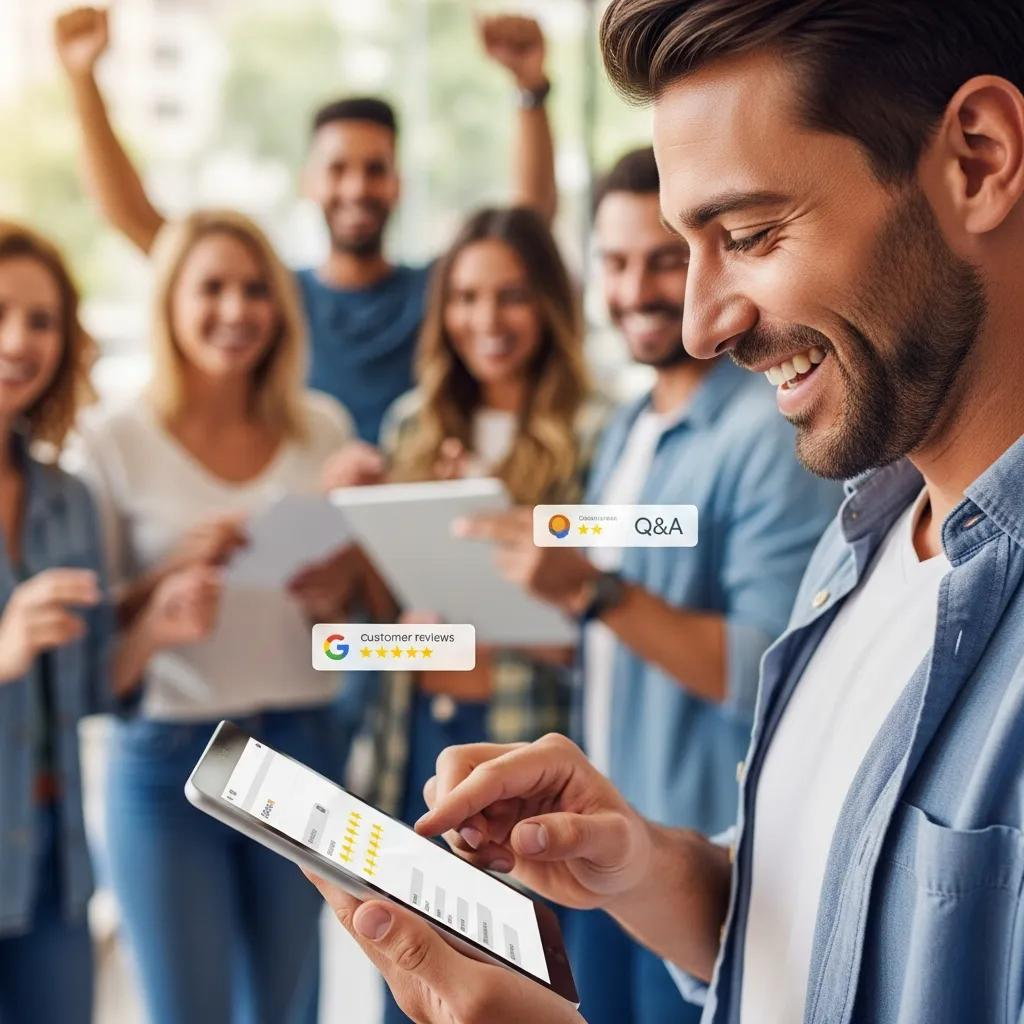 Business owner reading positive customer reviews on a tablet in a lively store