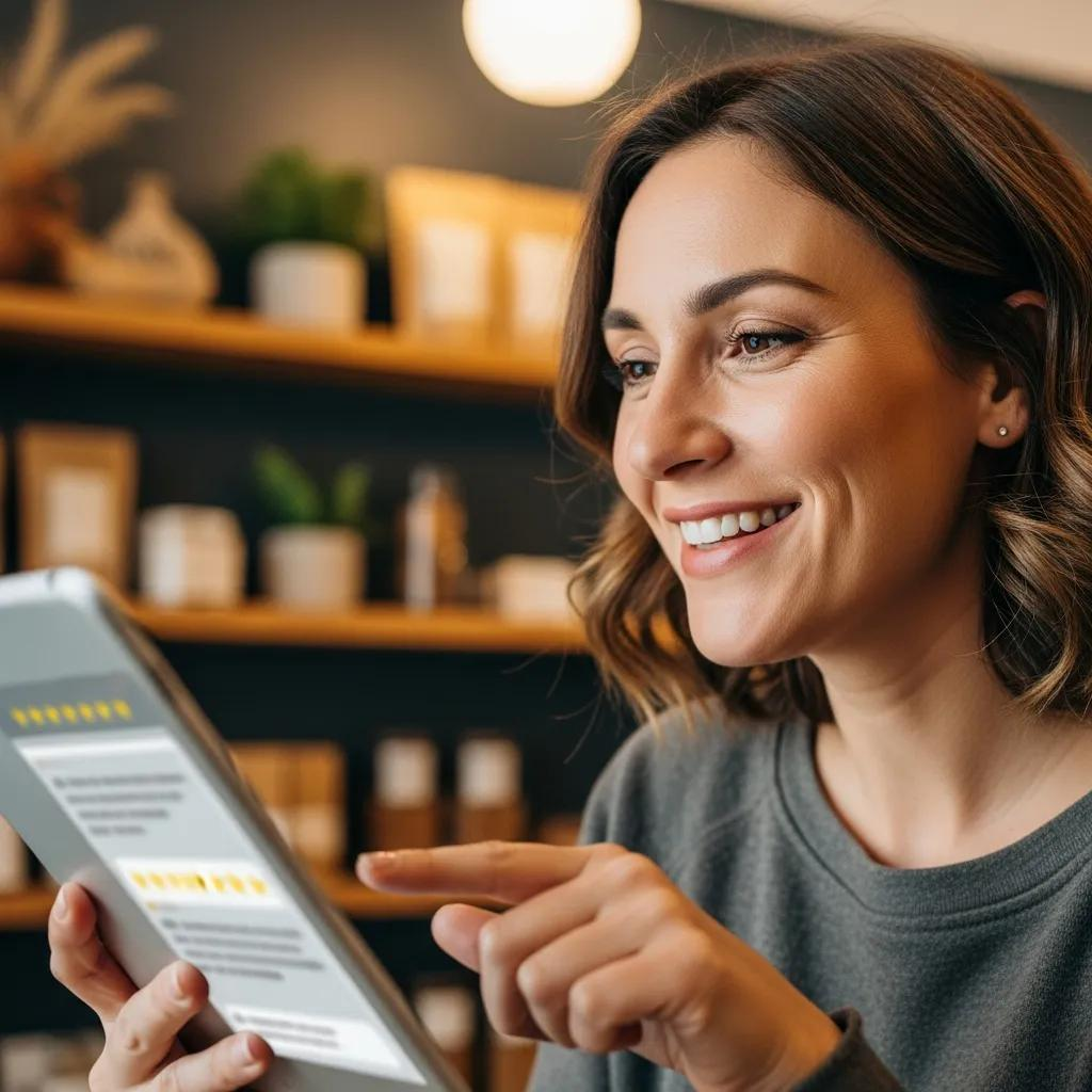 Business owner responding to customer reviews on a tablet, emphasizing engagement