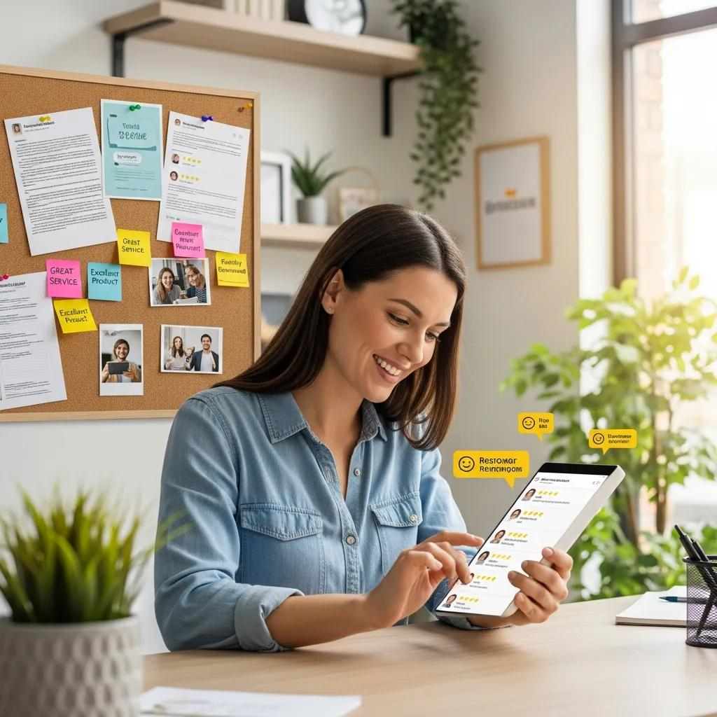 Business owner responding to customer reviews on a tablet in a bright workspace