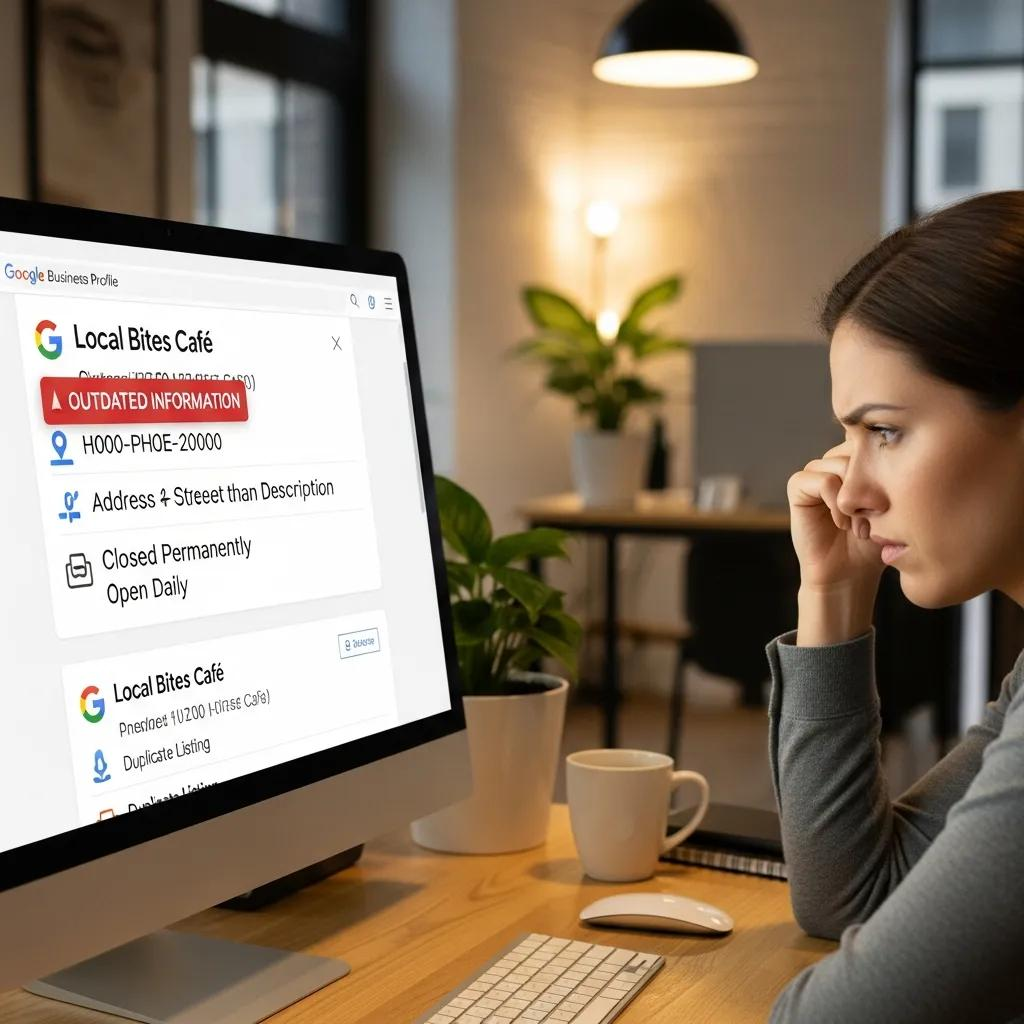 Customer frustrated by errors in Google Business Profile displayed on a computer screen