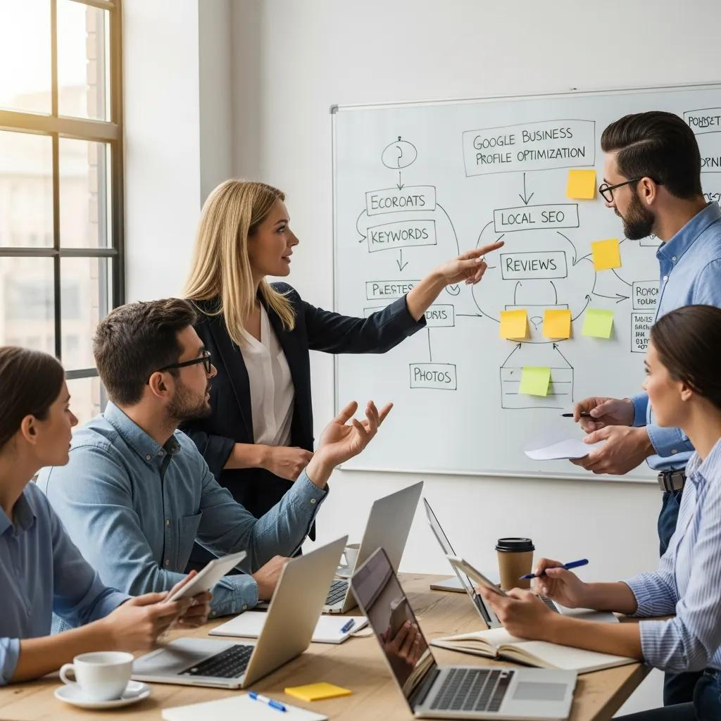 Small business team brainstorming Google Business Profile optimization strategies
